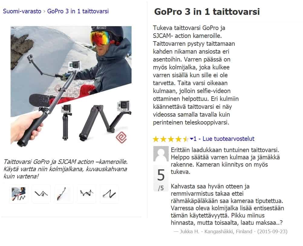 Taitettavan kuvauskahvan avulla kuvaajan käsi ei näy videolla ja sillä saa kuvaan paljon laajemman kulman. Katso tuotteen tiedot ja tilaa! Hinta vain 34,95€