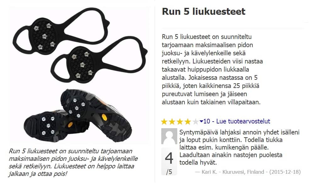 Irroitettavat piikit kenkiin. Hyvä lenkkeilijälle tai kenelle tahansa ulkona liikkujalle kenen toivoisi pysyvän pystyssä.