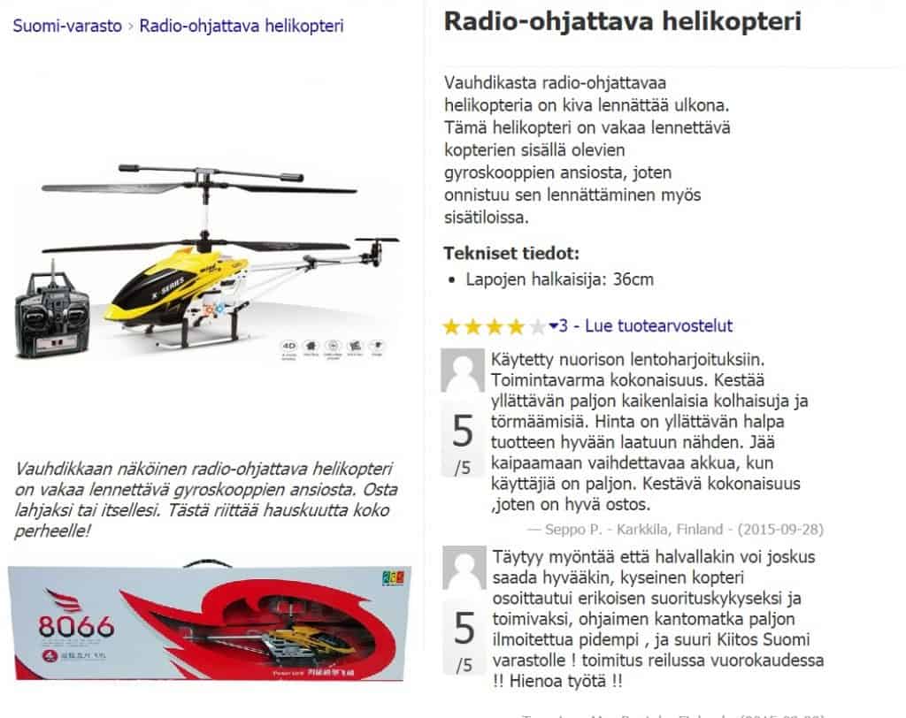 Kestosuosikki RC-helikopteri. Tämä "hyrrä" lentää vakaasti ja levittää joululahjapaperit ympäriinsä ilmavirtansa puolesta. Niin juniorille, kuin isännälle ja emännällekin iloksi. Toimii lehtipuhaltimena syksyllä ;). Tarjoushinta 36,95€ (norm. 39,95€). Tilaa tästä.