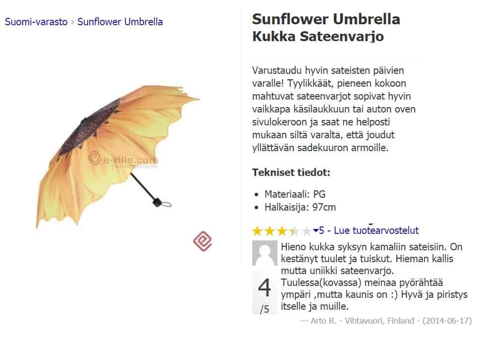 Musta sateenvarjo on entistä synkempi, kun sää on jo valmiiksi kurja. Piristä itseäsi ja kanssaihmisiä auringonkukkasontsalla! Tarjouksessa vain 12,95€ (norm. 16,95€)